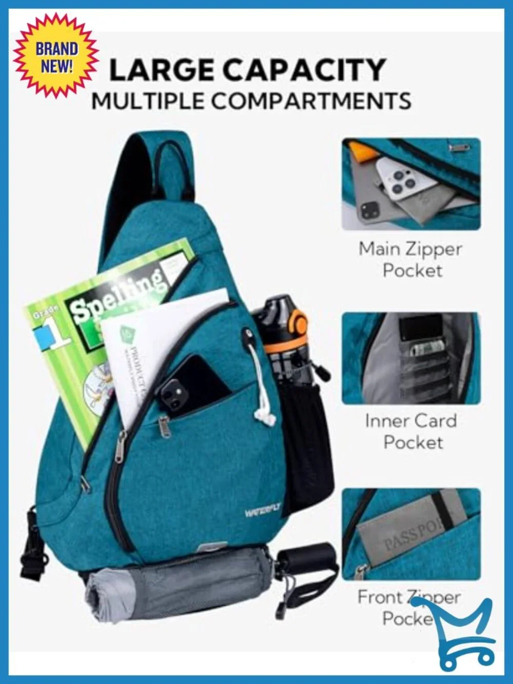 Sling Backpack Crossbody Shoulder Bag with 7 Pockets for Travel Hiking Daypack